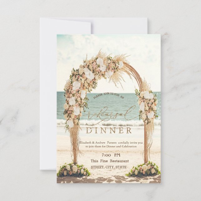 Invitation Mariage sur la Plage Chic Arbres aux Roses Dîner d (Devant)