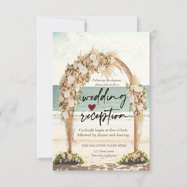 Invitation Mariage sur la Plage Chic Arbres Réception Roses (Devant)