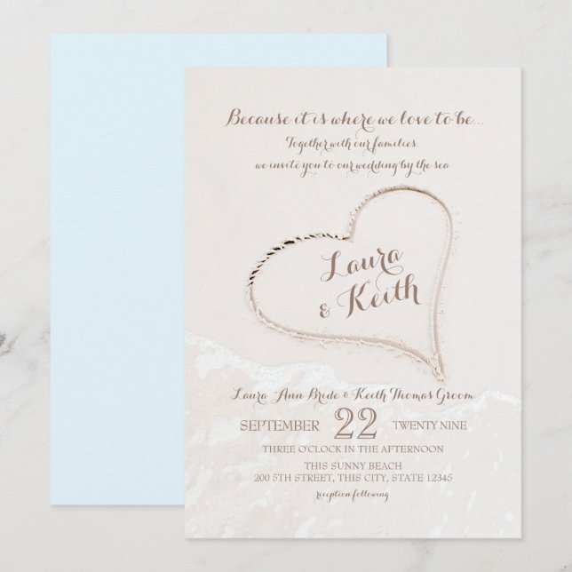 Invitation Mariage sur la plage Cœur dans le sable (Devant / Derrière)