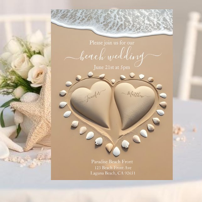 Invitation Mariage sur la Plage-Coeurs de Sable (Beach Wedding-Sand Hearts Invitation)