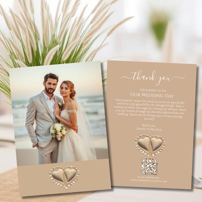 Invitation Mariage sur la Plage Cœurs de Sable avec Photo (Sand Hearts Beach Wedding Collection Thank you Card with Photo and QR code)