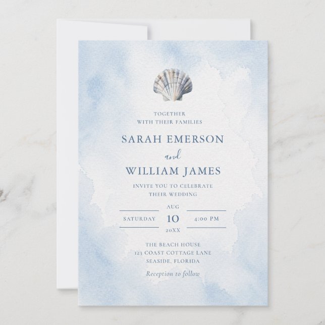 Invitation Mariage sur la plage Coquillage bleu (Devant)