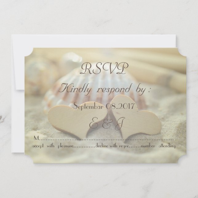 Invitation Mariage sur la Plage,Coquillage,Coeurs en Bois   R (Devant)