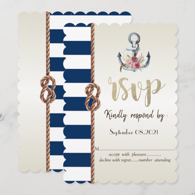 Invitation Mariage sur la plage corde navy rayée  RSVP   (Devant / Derrière)