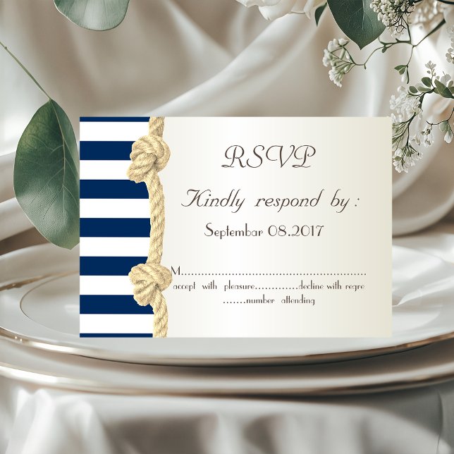Invitation Mariage sur la Plage, Corde Navy, Rayures Coquilla (Créateur téléchargé)
