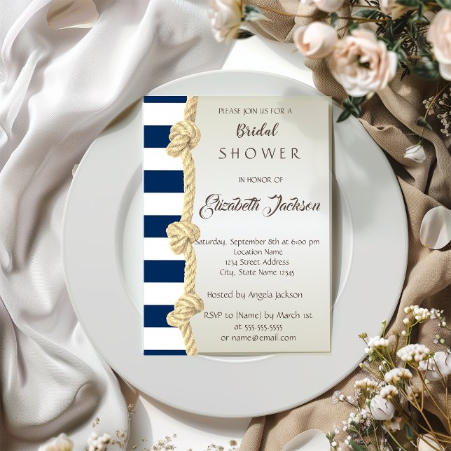 Invitation Mariage sur la Plage, Corde Navy, Rayures  Enterre (Créateur téléchargé)