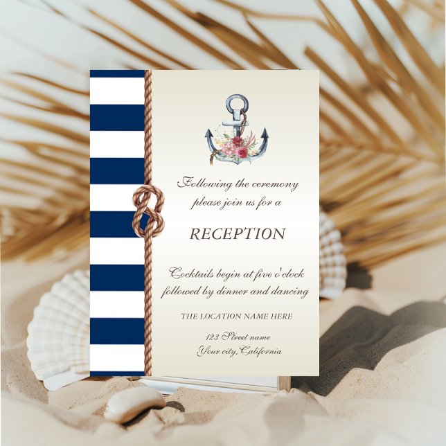 Invitation Mariage sur la Plage Corde Navy,Réception Rayée (Créateur téléchargé)