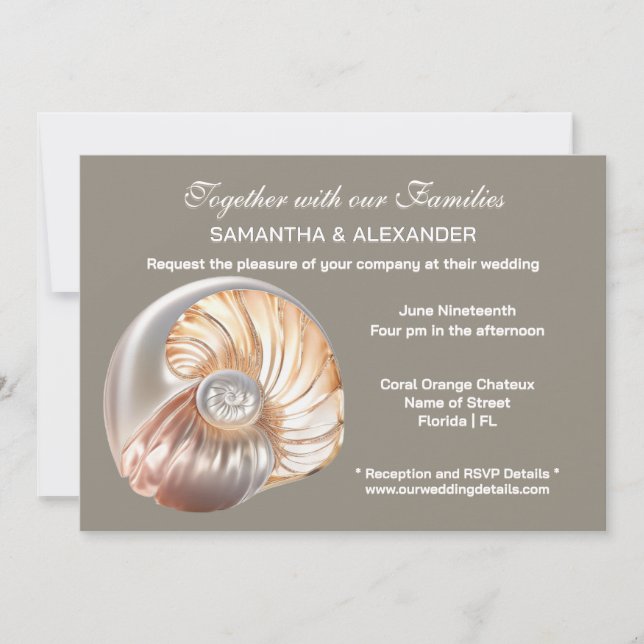 Invitation Mariage sur la plage de coquillages conchs perlés (Devant)