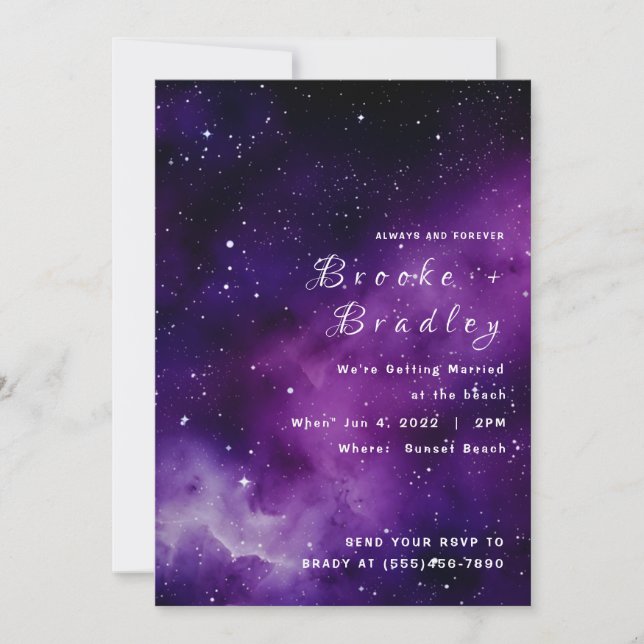Invitation Mariage sur la plage de la galaxie violette (Devant)