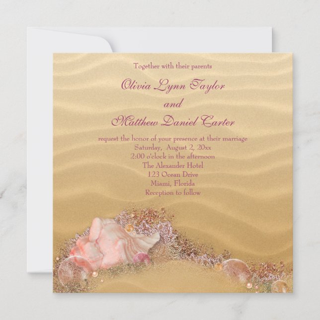 Invitation Mariage sur la plage de sable coquillages (Devant)