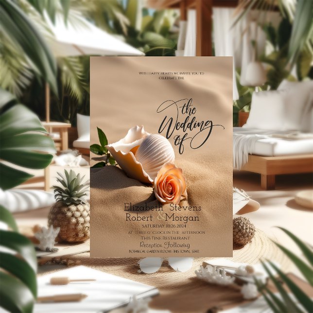 Invitation Mariage sur la plage de sable rose aux coquillages (Créateur téléchargé)
