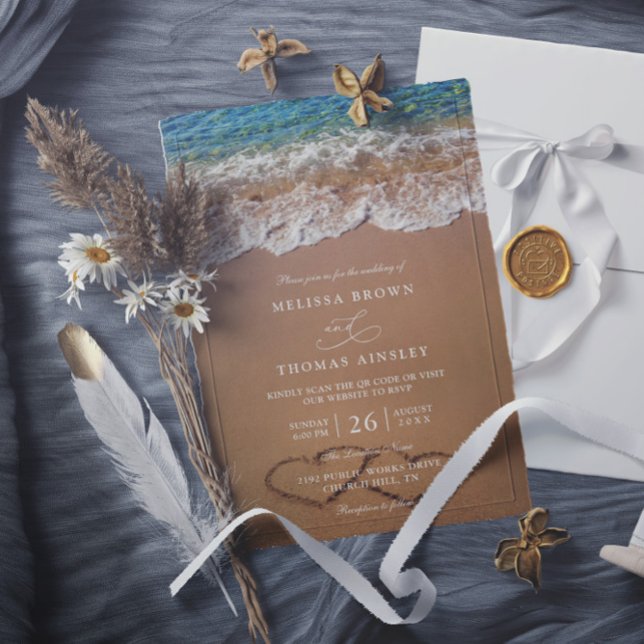 Invitation Mariage sur la plage d'été avec QR Code Cœurs dans (Créateur téléchargé)