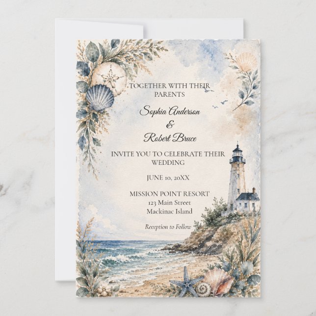 Invitation Mariage sur la plage du phare côtier de Nantucket (Devant)