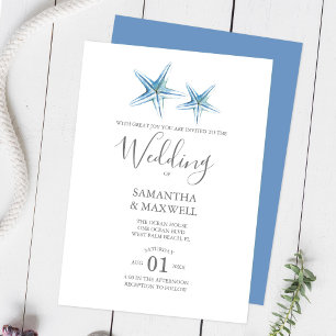 Invitation Mariage sur la Plage Étoile de Mer Aquarelle Bleue