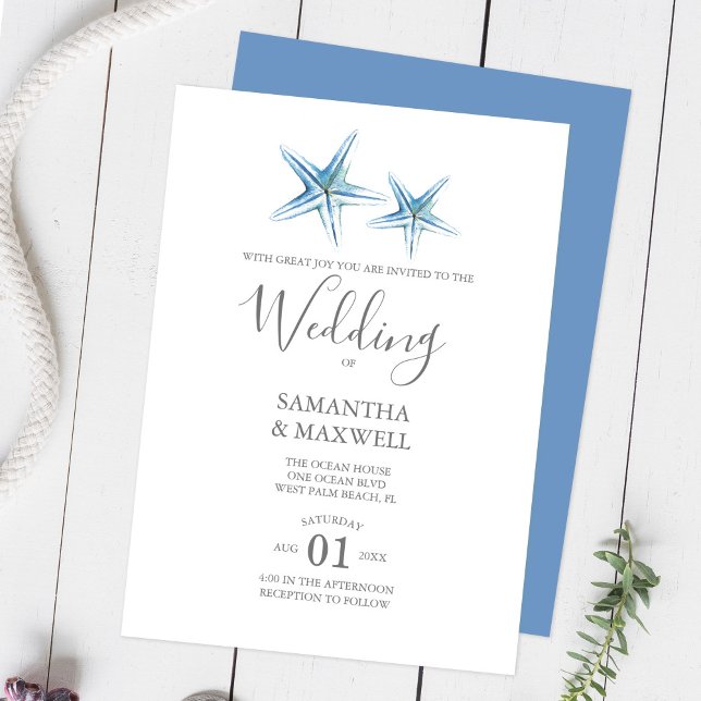 Invitation Mariage sur la Plage Étoile de Mer Aquarelle Bleue (Best websites to order customizable beach wedding invitations Do Tell A Belle )