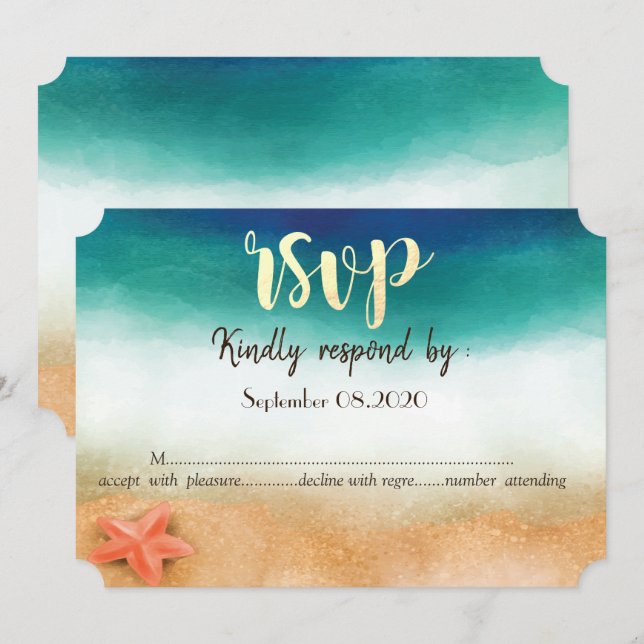 Invitation Mariage sur la Plage, Étoile de Mer RSVP (Devant / Derrière)