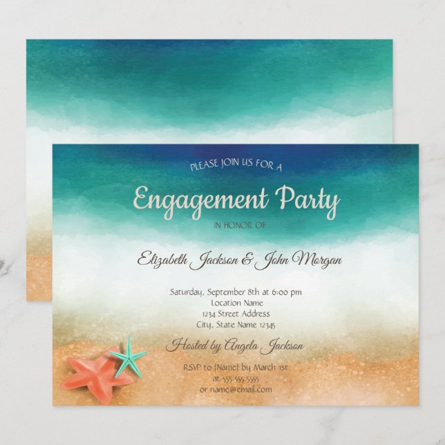 Invitation Mariage sur la Plage, Fiançailles avec une Étoile  (Devant / Derrière)
