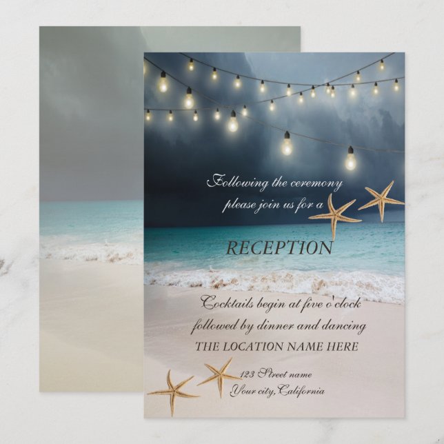 Invitation Mariage sur la plage, lumières de réception à cord (Devant / Derrière)