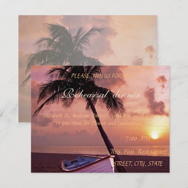 Invitation Mariage sur la Plage Palmier, Coucher de Soleil, D (Devant / Derrière)