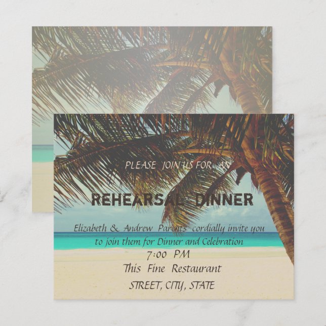 Invitation Mariage sur la Plage, Palmier Dîner de Répétition (Devant / Derrière)
