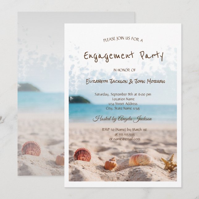 Invitation Mariage sur la Plage, Sable, Coquillages Fiançaill (Devant / Derrière)