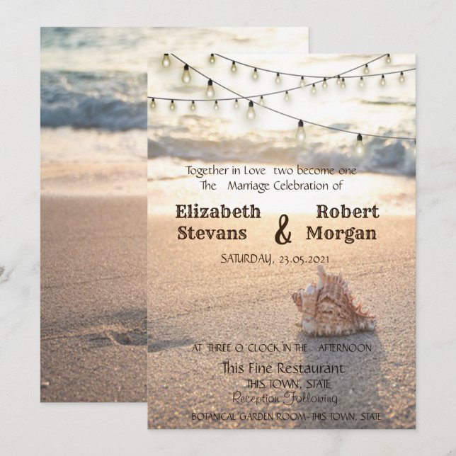Invitation Mariage sur la Plage, Sable, Guirlande Lumineuse C (Devant / Derrière)