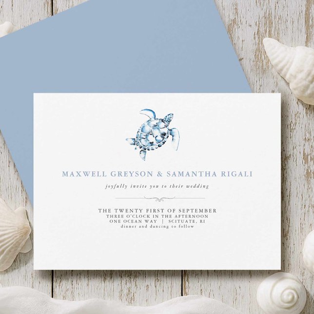 Invitation Mariage sur la Plage Tortue de Mer Bleue (Beach wedding invitations printing watercolor sea turtle art by Victoria Grigaliunas Do Tell A Belle)