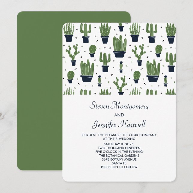 Invitation Mariage sur le thème Cactus Vert Rustique en Pots  (Devant / Derrière)