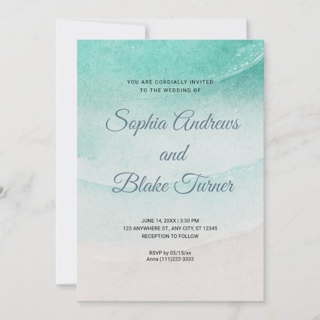 Invitation Mariage sur le thème de la plage avec du sable et  (Devant)