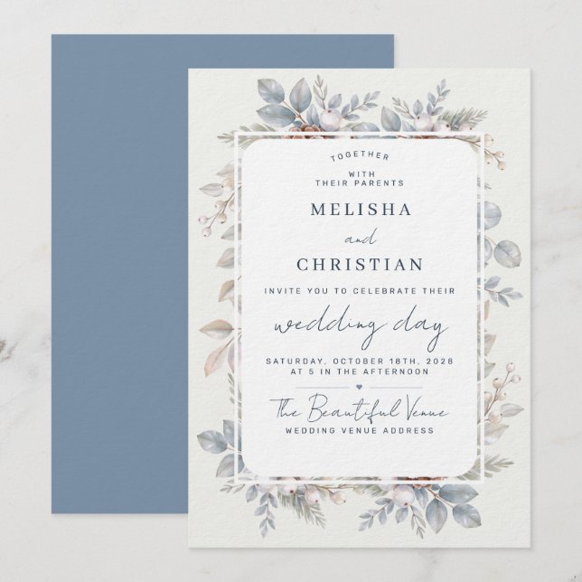 Invitation Mariage sur le thème de l'hiver "Botanique d'hiver (Devant / Derrière)