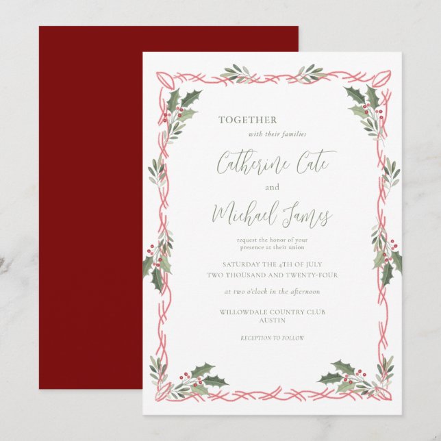 Invitation Mariage sur le thème de Noël aux baies de houx (Devant / Derrière)