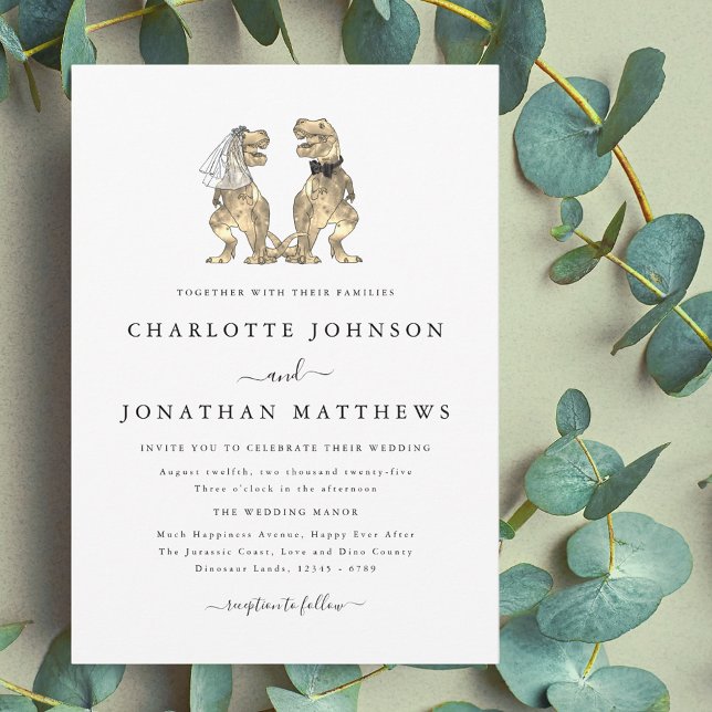 Invitation Mariage sur le thème des dinosaures (dinosaur theme wedding black and white invitation elegant modern T-Rex dino bride and groom)