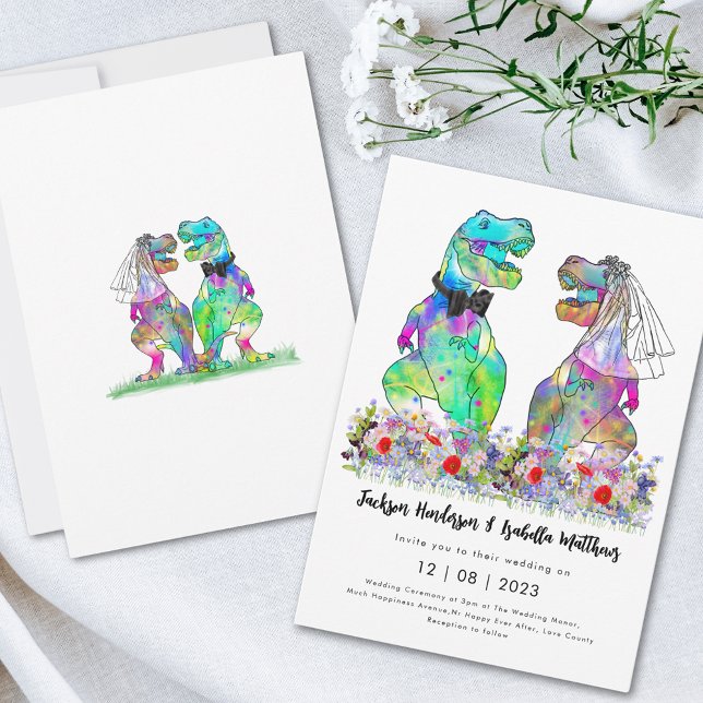 Invitation Mariage sur le thème des dinosaures (T-Rex bride and groom colorful wildflower meadow fun dinosaur wedding invitation )