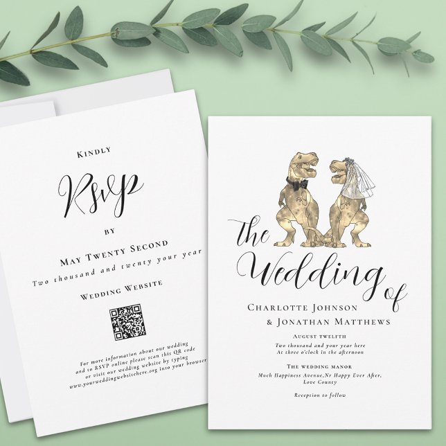 Invitation Mariage sur le thème des dinosaures (T-Rex bride and groom funny dinosaur wedding website qr code invitation Modern elegant script)