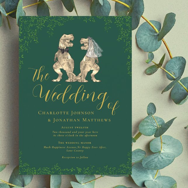 Invitation Mariage sur le thème des dinosaures (Dinosaur wedding T-Rex bride and groom eucalyptus foliage green and gold script Wedding invitation )