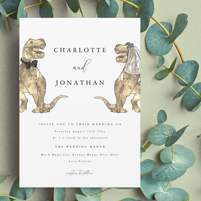Invitation Mariage sur le thème des dinosaures (Dinosaur theme wedding invitation modern elegant typography funny T-Rex bride and groom dino )