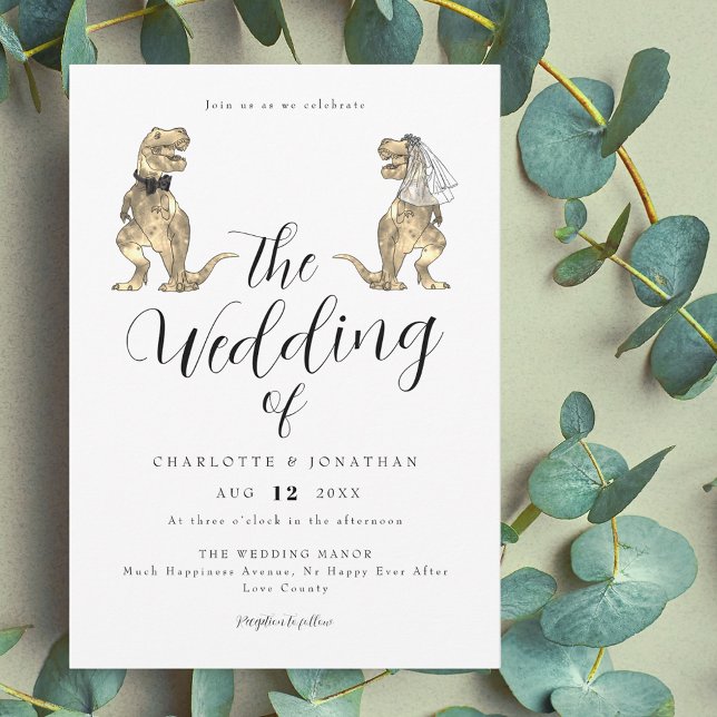 Invitation Mariage sur le thème des dinosaures (Dinosaur theme wedding elegant modern script invitation funny T-Rex dino bride and groom)