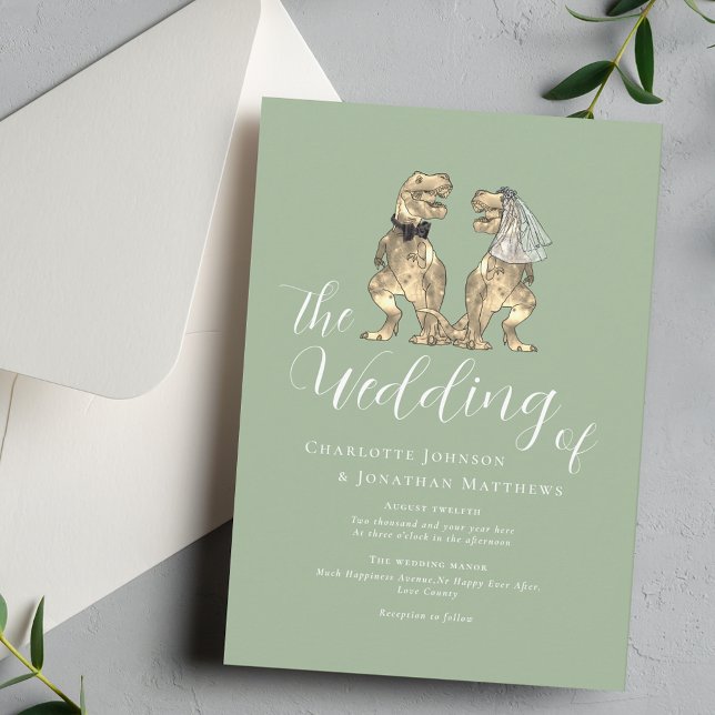 Invitation Mariage sur le thème des dinosaures Vert sauge (Dinosaur theme wedding sage green elegant script T-Rex dino bride and groom fun destination wedding)