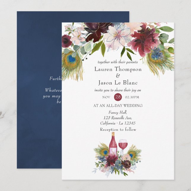 Invitation Mariage sur le thème du vin avec Burgundy et Paon  (Devant / Derrière)