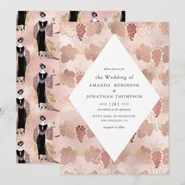 Invitation Mariage sur le thème du vin français Rose Gold et  (Devant / Derrière)