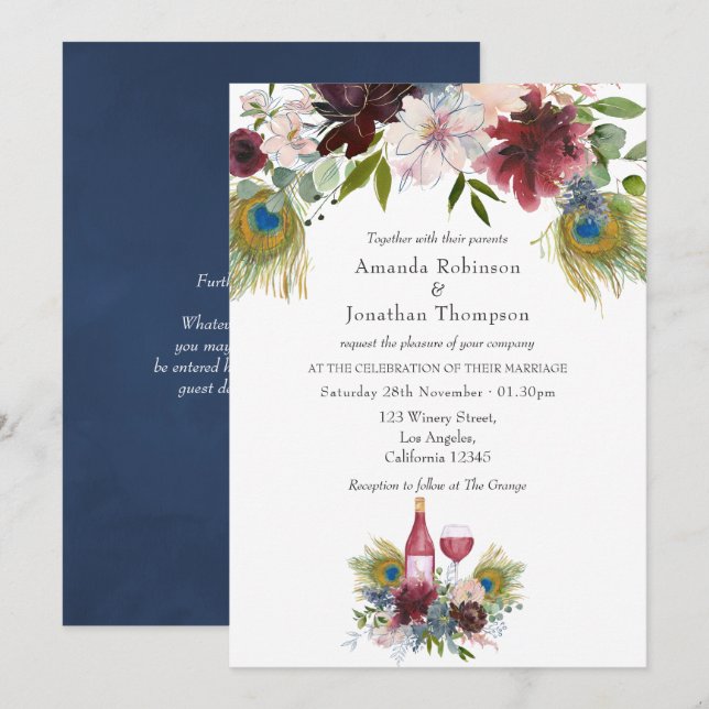 Invitation Mariage sur le thème du vin Paon Bourgogne et Navy (Devant / Derrière)