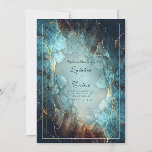Invitation Mariage sur le thème d'une géode dorée turquoise s (Devant)