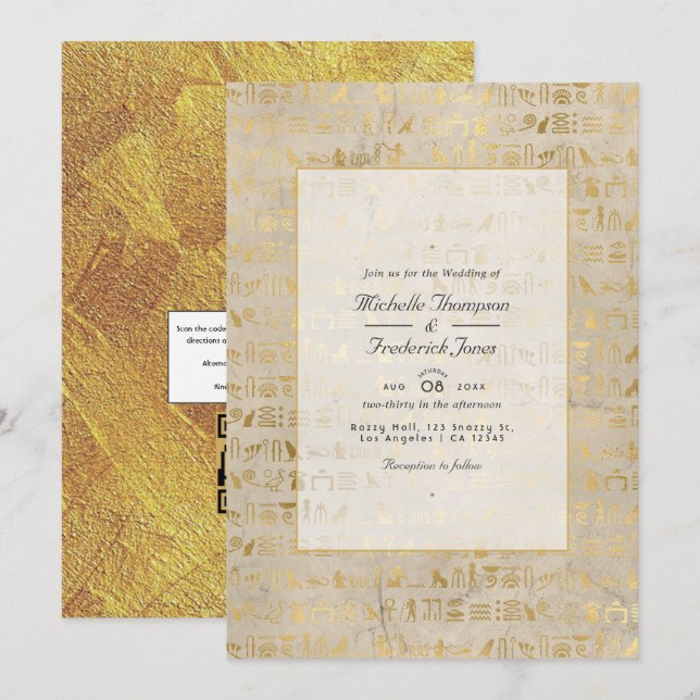 Invitation Mariage sur le thème égyptien avec QR Code RSVP (Devant / Derrière)