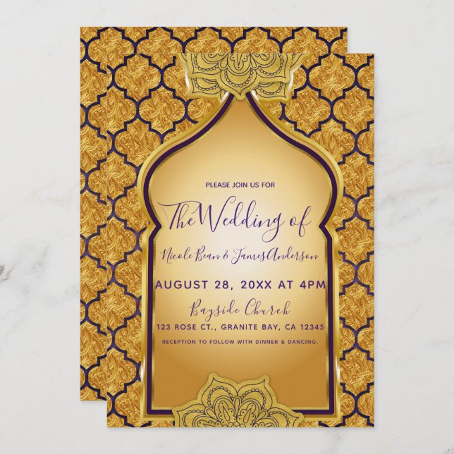 Invitation Mariage sur le thème royal indien arabe de l'or po (Devant / Derrière)