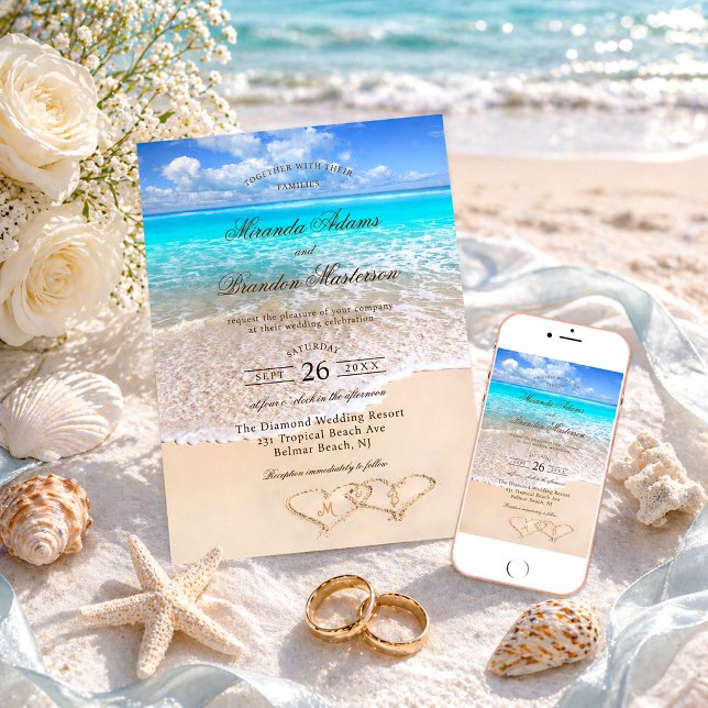 Invitation Mariage sur mesure élégant bleu océan tropical pla (Créateur téléchargé)