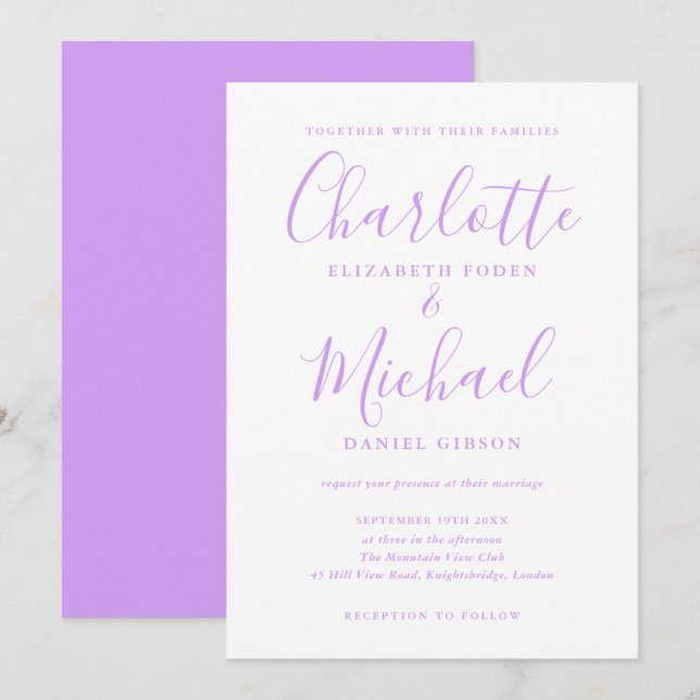 Invitation Mariage sur mesure Lavande Lilas (Devant / Derrière)