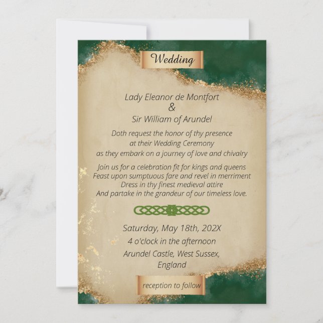 Invitation Mariage sur parchemin doré vert agate médiéval (Devant)