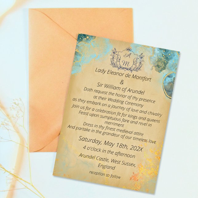 Invitation Mariage sur parchemin vert or médiéval (Créateur téléchargé)