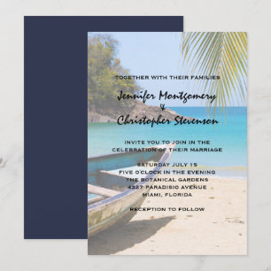 Invitation Mariage sur une belle plage tropicale avec un bate