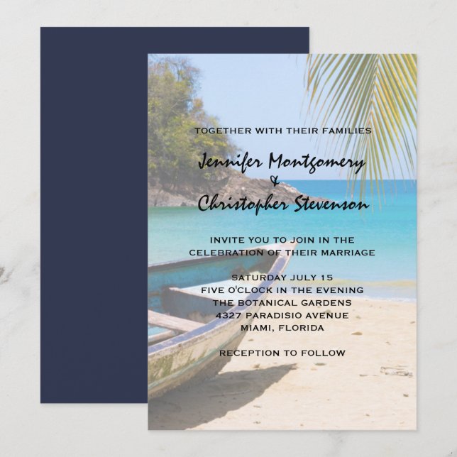 Invitation Mariage sur une belle plage tropicale avec un bate (Devant / Derrière)